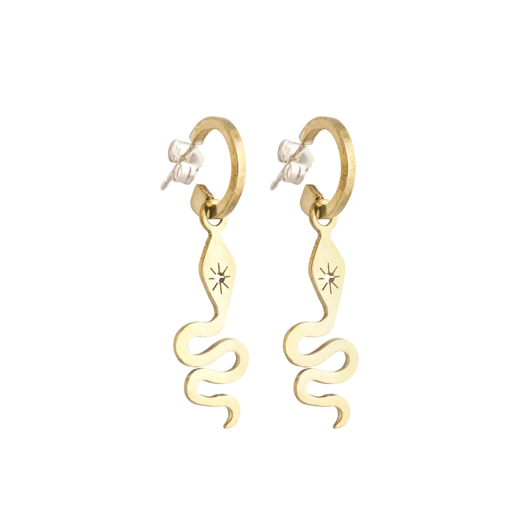 A Brass Serpent Mini Hoop Earrings from Lima Lima Jewellery  for sale at Mostyn.