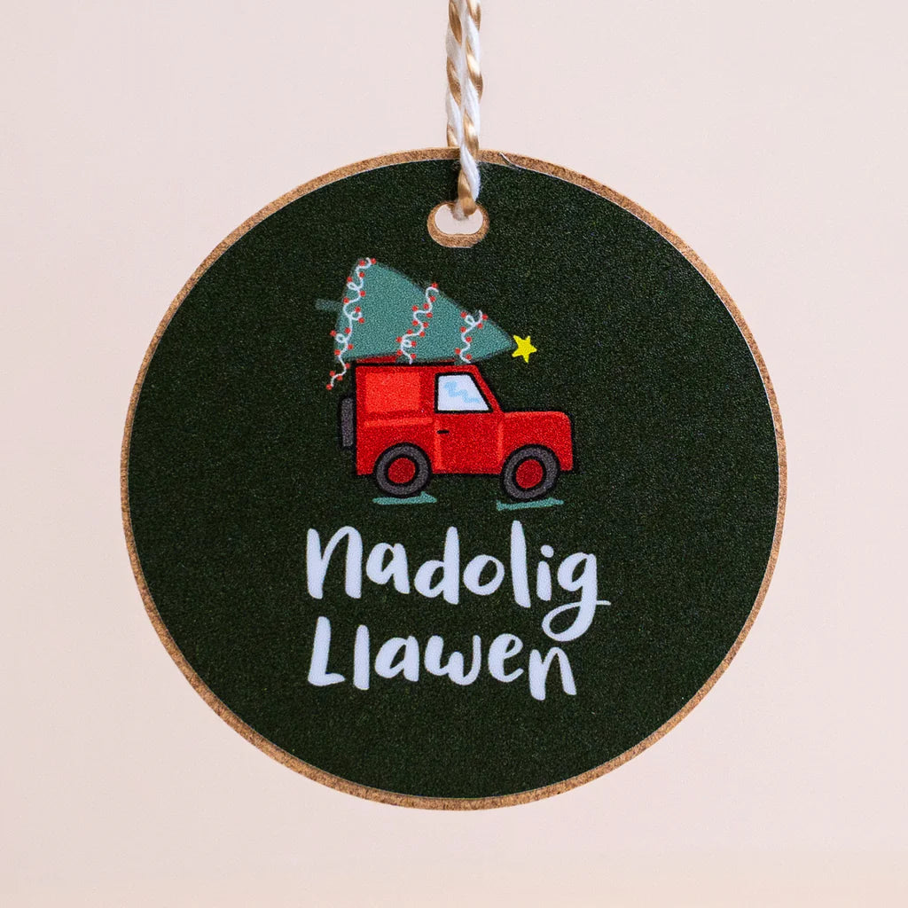 Land Rover Nadolig Llawen Welsh Language Wooden Christmas Decoration from Draenog for sale at Mostyn
