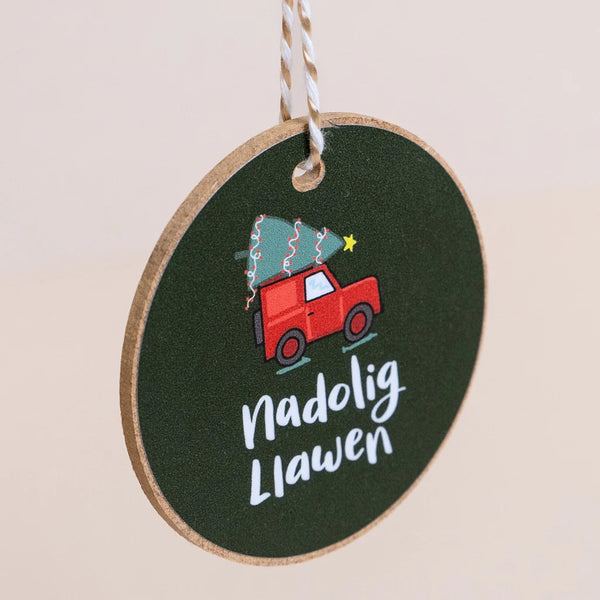 Land Rover Nadolig Llawen Welsh Language Wooden Christmas Decoration from Draenog for sale at Mostyn