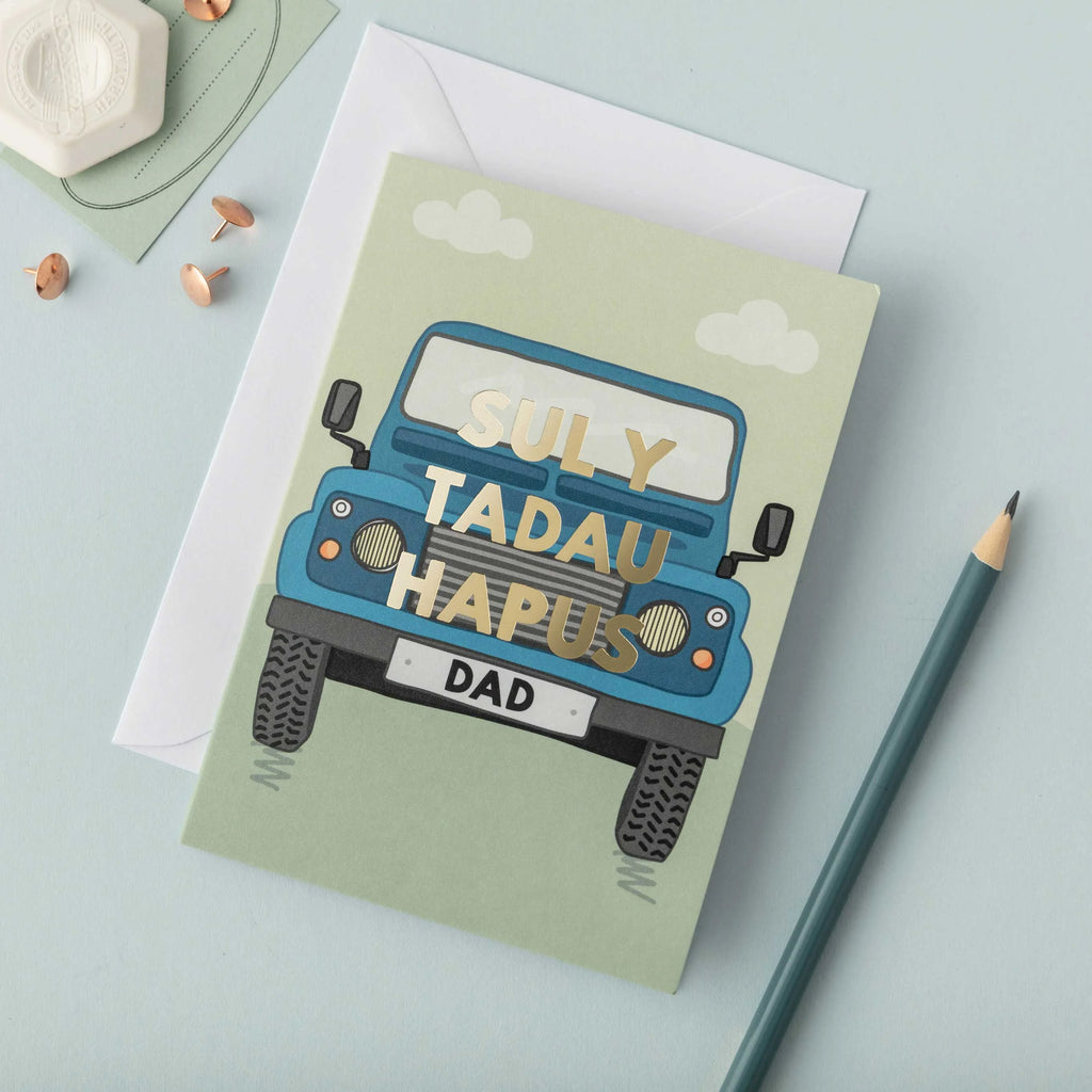 Landrover Welsh Father's Day Card by Draenog for sale at Mostyn