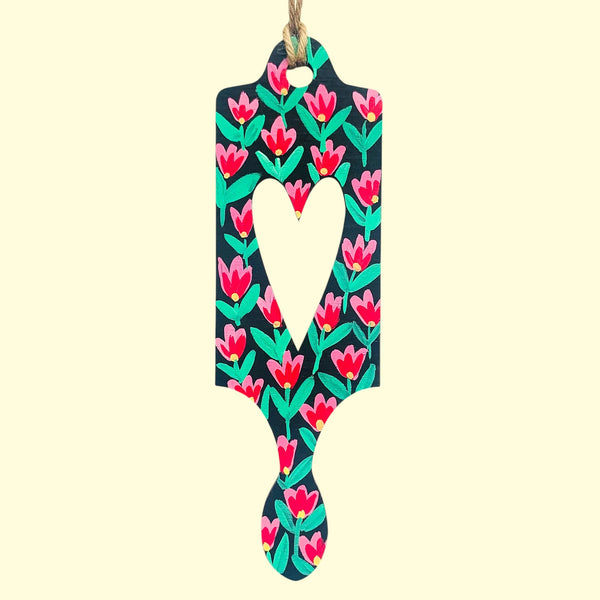 Large Hand Painted Black Tulip Wooden Welsh Love Spoon from Hayley Doroshenko for sale at Mostyn