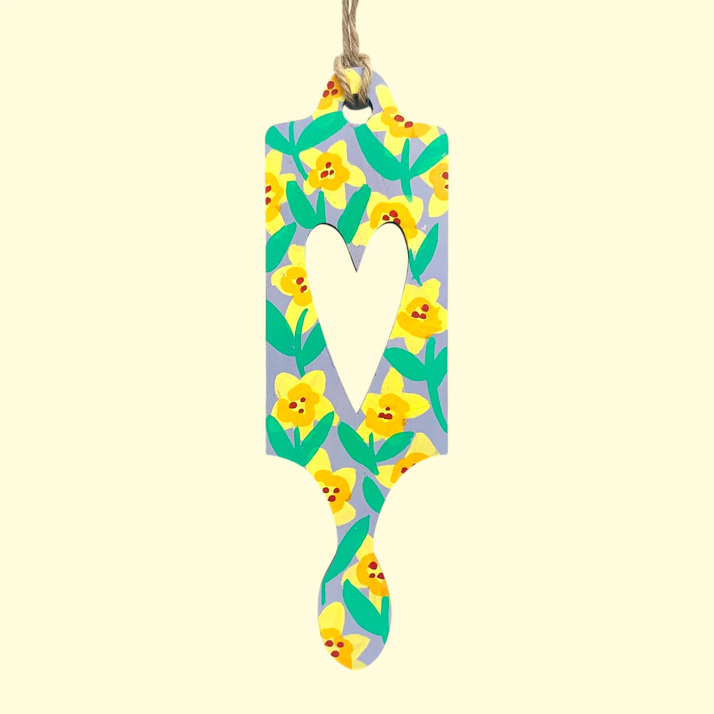 Large Hand Painted Lilac Daffodil Wooden Welsh Love Spoon from Hayley Doroshenko for sale at Mostyn