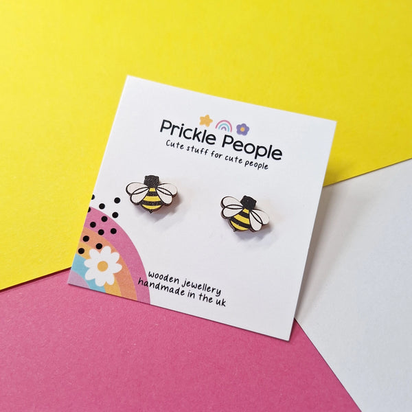 Laser Cut Wooden Bee Stud Earrings from Prickle People for sale at Mostyn