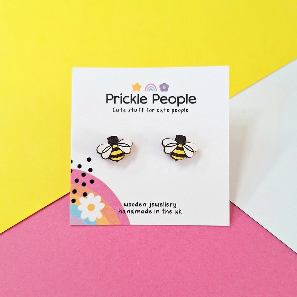 Laser Cut Wooden Bee Stud Earrings from Prickle People for sale at Mostyn