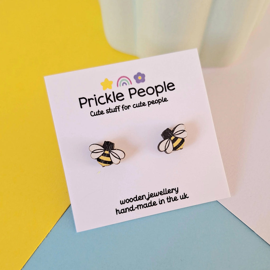 Laser Cut Wooden Bee Stud Earrings from Prickle People for sale at Mostyn