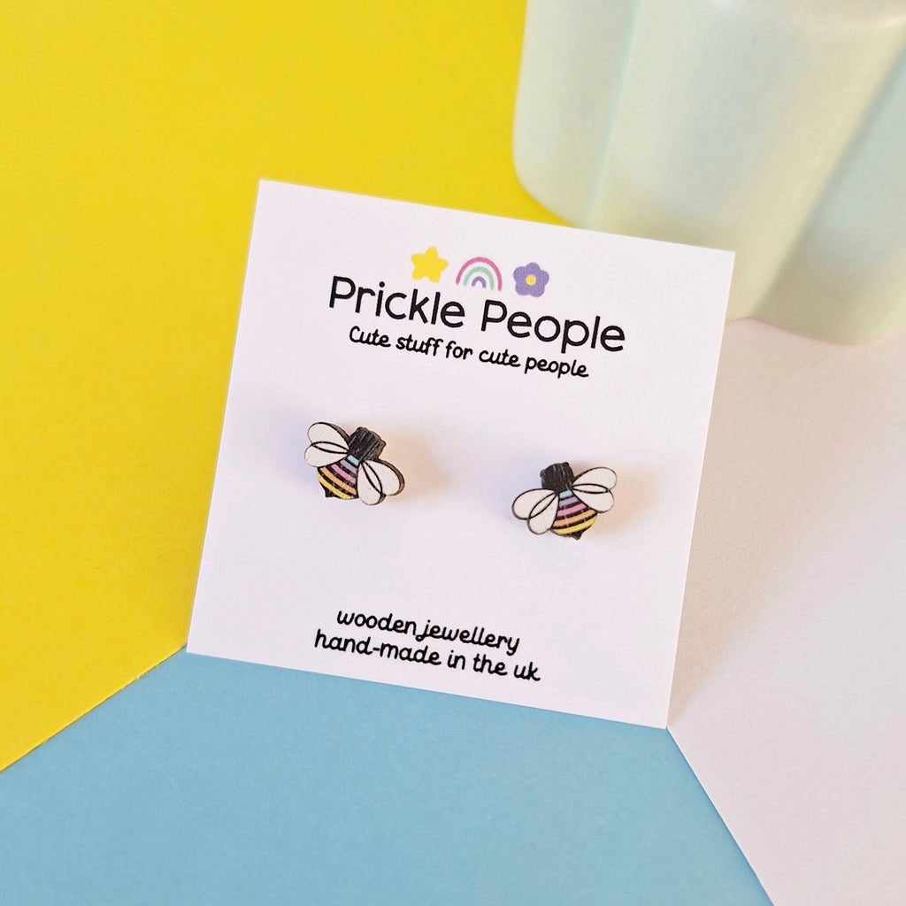 Laser Cut Wooden Bee Stud Earrings from Prickle People for sale at Mostyn