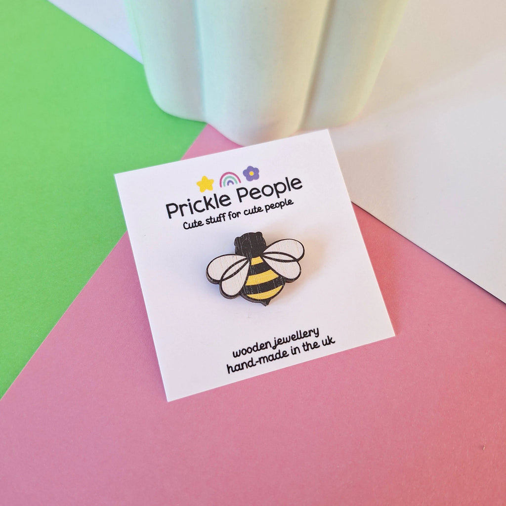 Laser Cut Wooden Bumble Bee Pin Brooch from Prickle People for sale at Mostyn