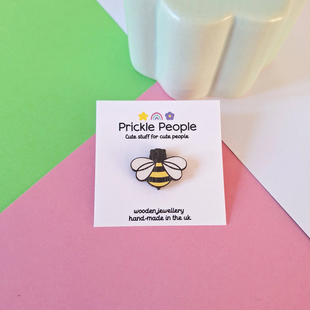 Laser Cut Wooden Bumble Bee Pin Brooch from Prickle People for sale at Mostyn