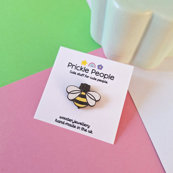 Laser Cut Wooden Bumble Bee Pin Brooch from Prickle People for sale at Mostyn