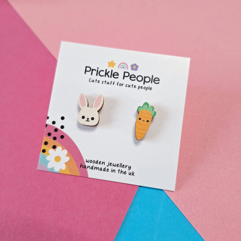 Laser Cut Wooden Easter Bunny and Carrot Stud Earrings from Prickle People for sale at Mostyn