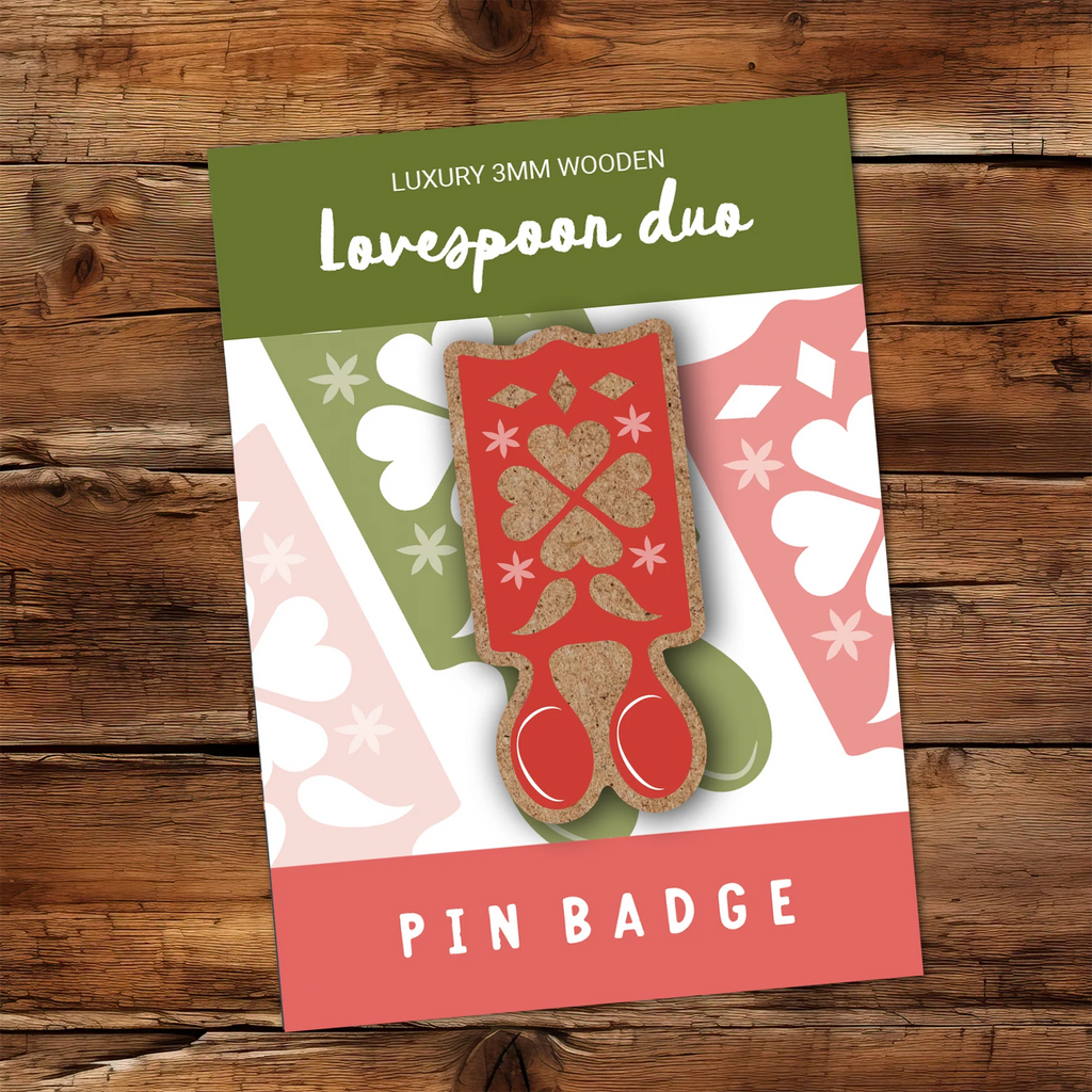 Laser Cut Wooden Love Spoon Pin Badge Brooch from Max Rocks for sale at Mostyn