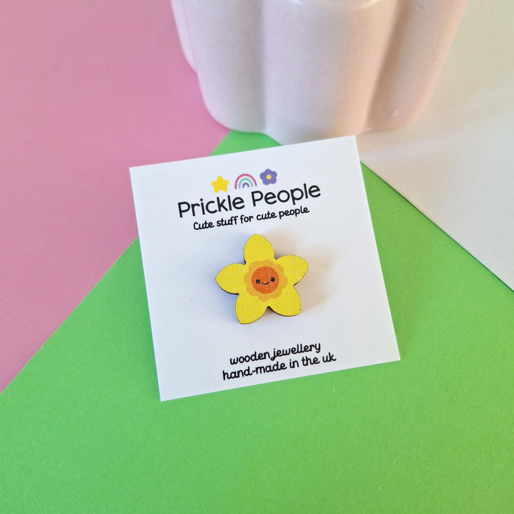 Laser Cut Wooden Welsh Daffodil Pin Brooch from Prickle People for sale at Mostyn