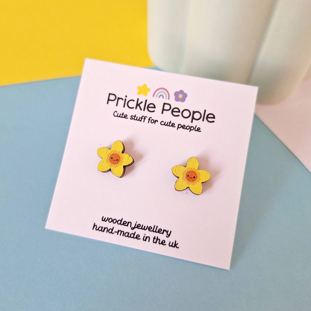 Laser Cut Wooden Welsh Daffodil Stud Earrings from Prickle People for sale at Mostyn