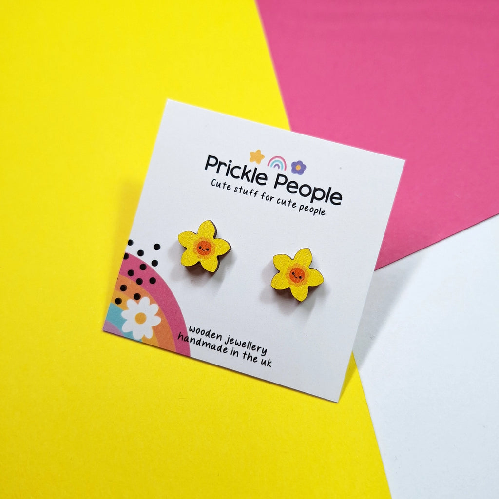 Laser Cut Wooden Welsh Daffodil Stud Earrings from Prickle People for sale at Mostyn