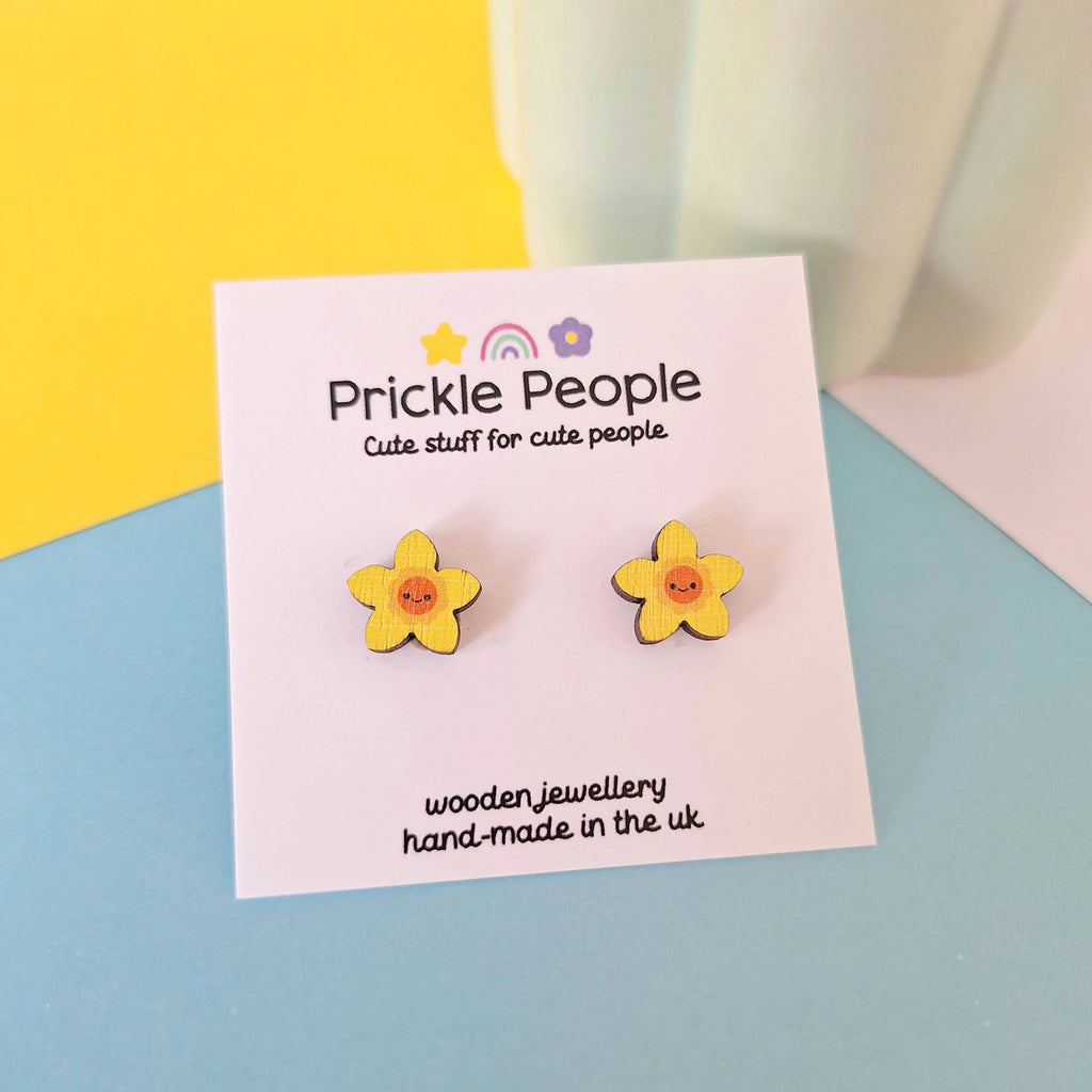Laser Cut Wooden Welsh Daffodil Stud Earrings from Prickle People for sale at Mostyn