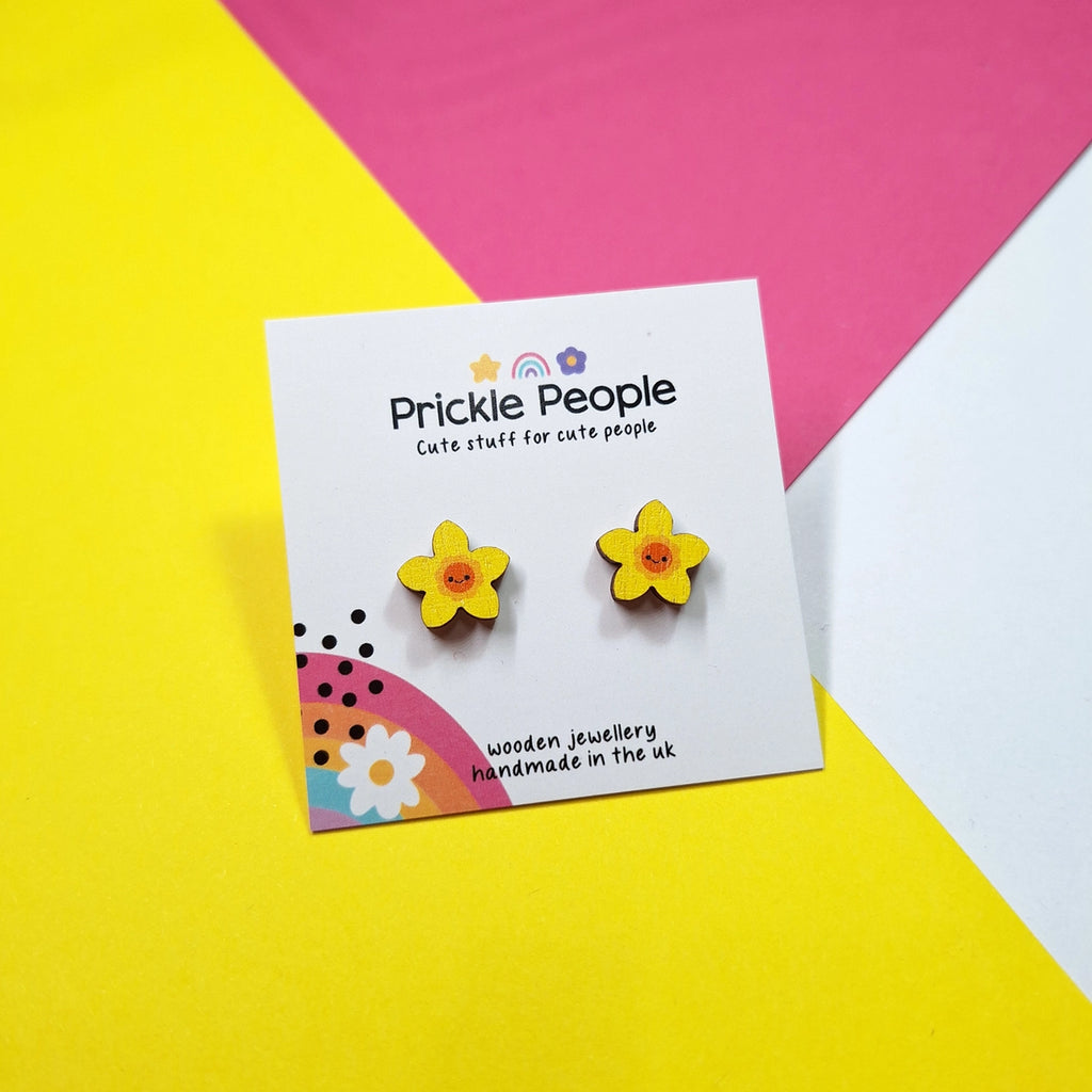 Laser Cut Wooden Welsh Daffodil Stud Earrings from Prickle People for sale at Mostyn
