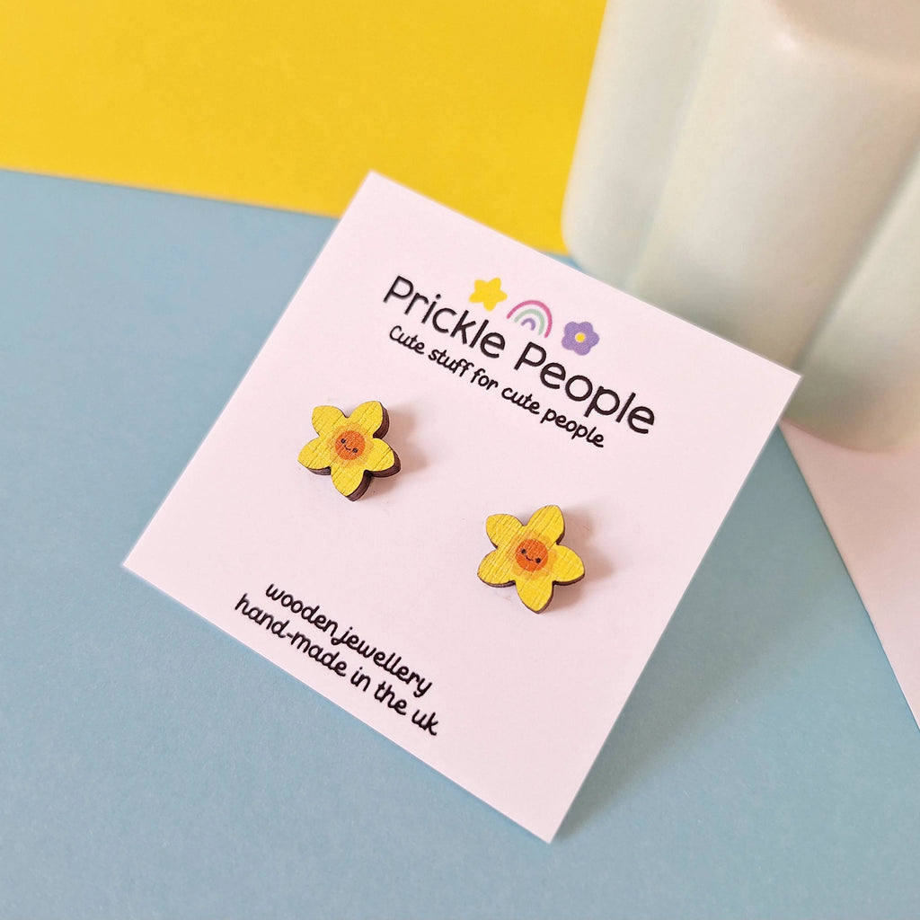 Laser Cut Wooden Welsh Daffodil Stud Earrings from Prickle People for sale at Mostyn