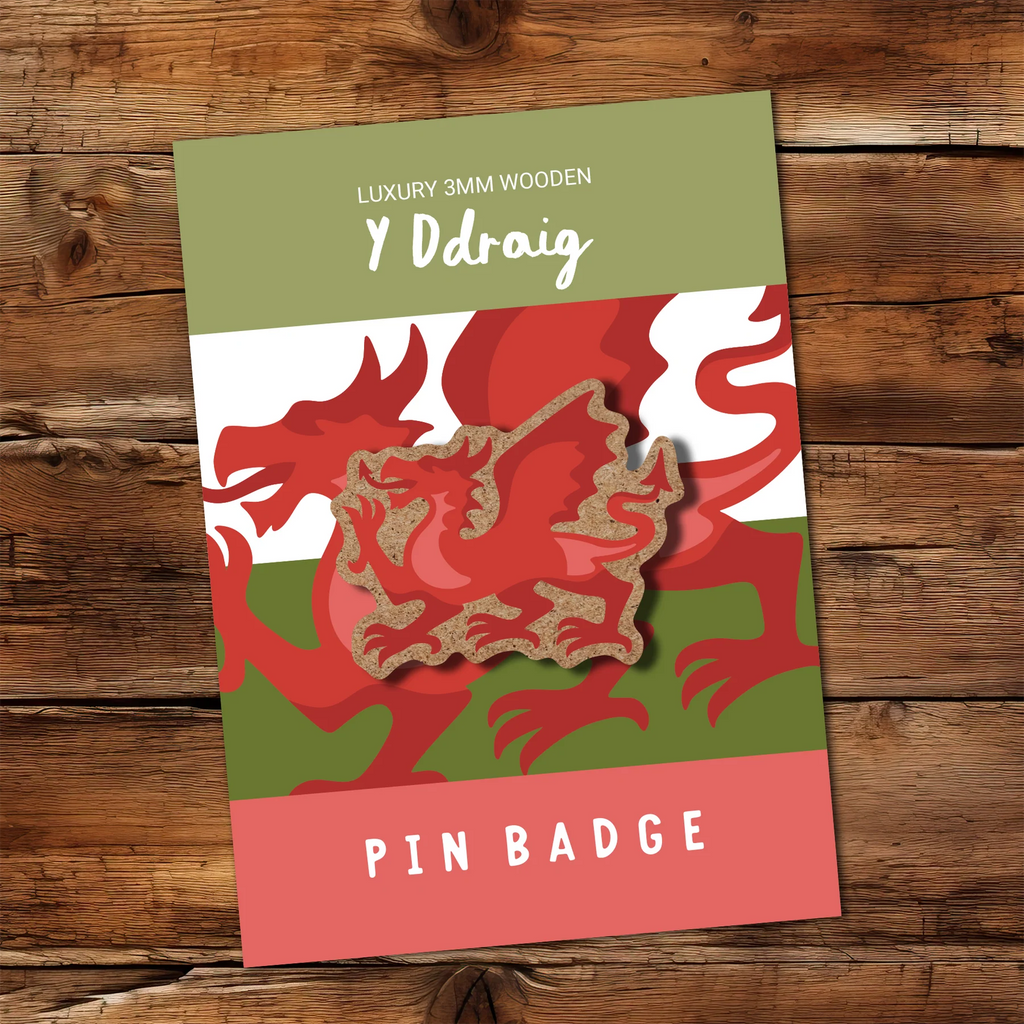 Laser Cut Wooden Welsh Dragon Pin Badge Brooch from Max Rocks for sale at Mostyn