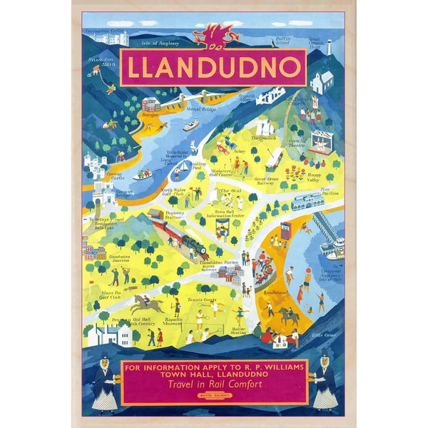 Llandudno Town Map Railway Poster Wooden Postcard from The Wooden Postcard Company for sale at Mostyn