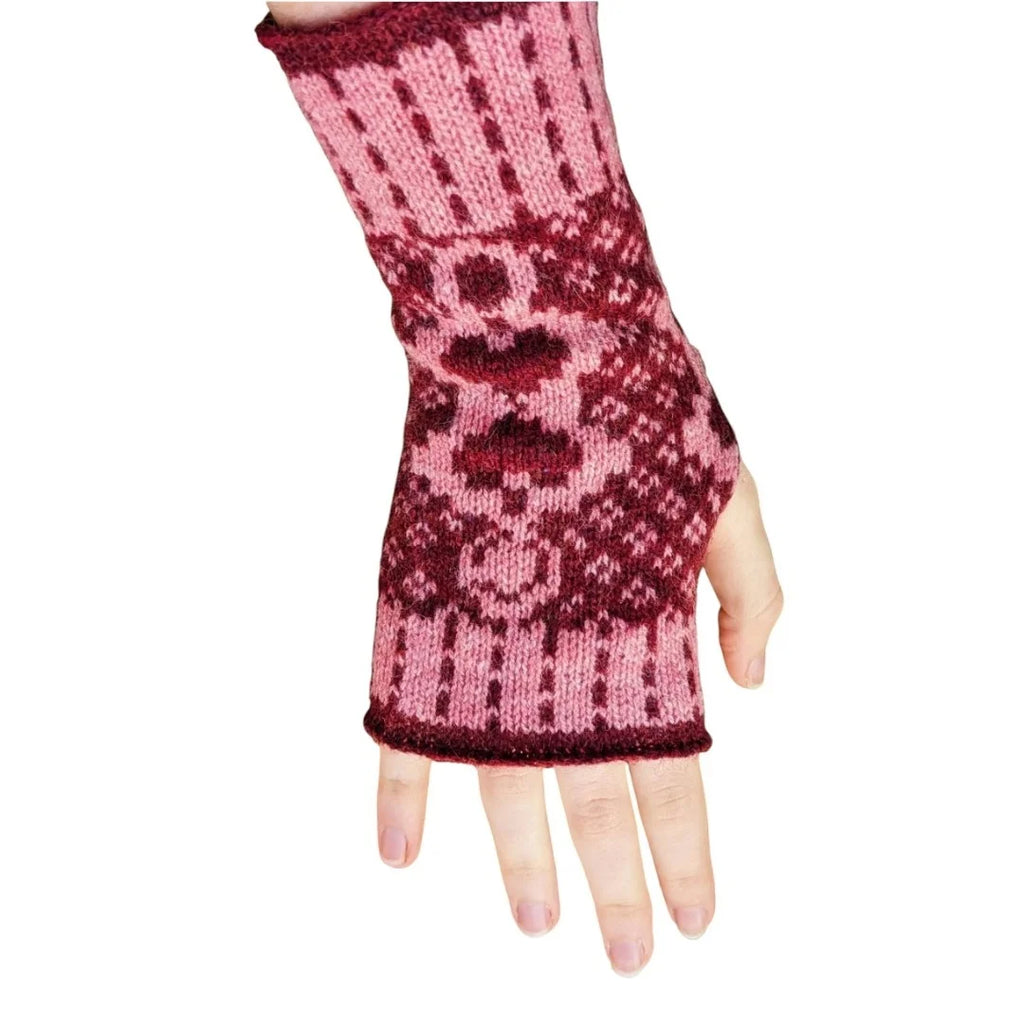 Llwy Garu Love Spoons 100% Merino Wool Fingerless Gloves by Elin Manon for sale at Mostyn