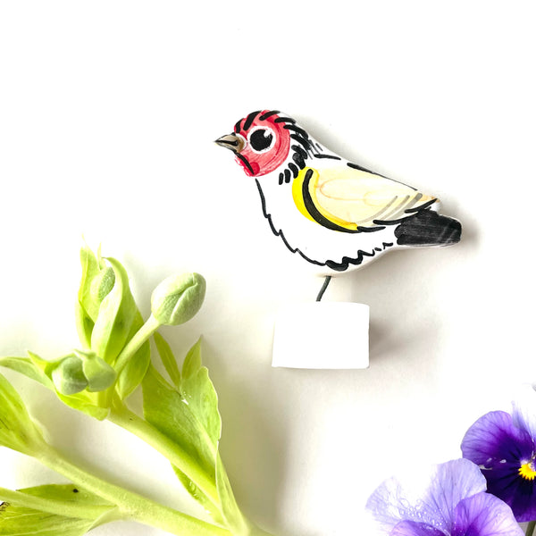 A Handcrafted Ceramic Goldfinch Ornament from Louise Crookenden Johnson for sale at Mostyn.