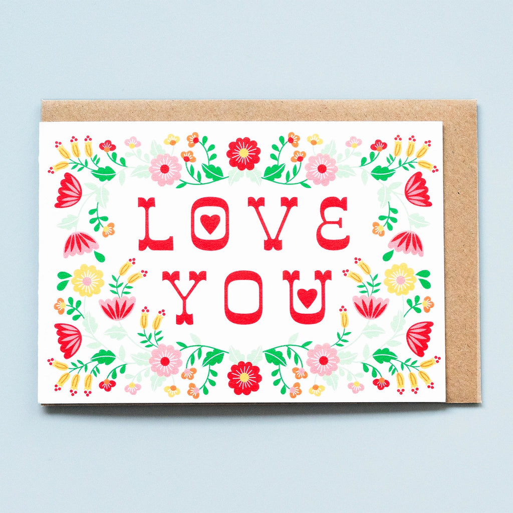 Love You Folk Floral Valentine Card by Maggie Magoo Designs for sale at Mostyn