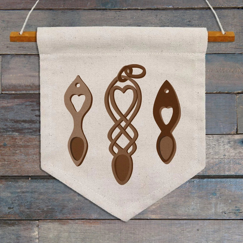 A Welsh Love Spoons Hanging Pennant Flag from Max Rocks for sale at Mostyn.