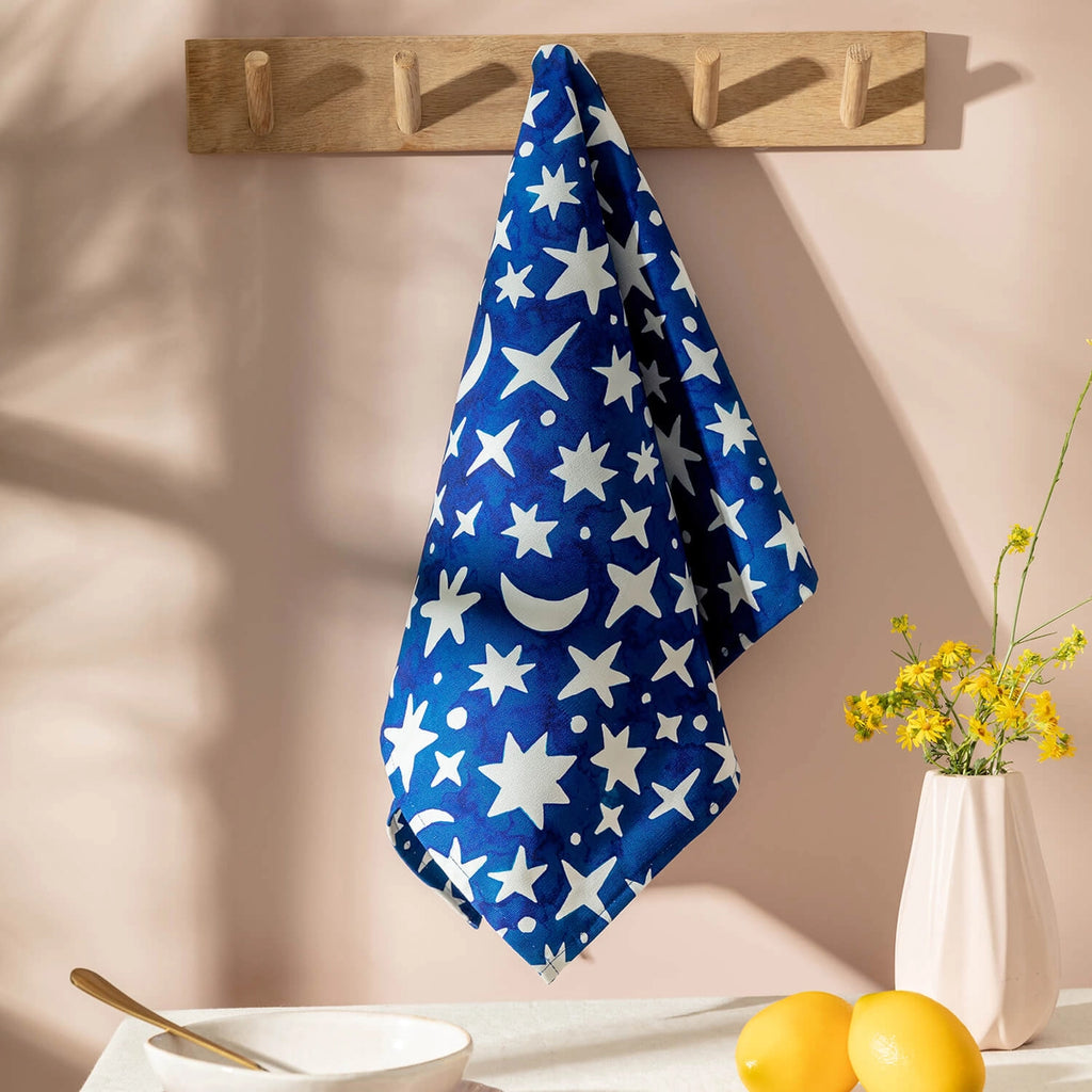 Moon and Stars 100% Cotton Tea Towel by The Moonlit Press for sale at Mostyn