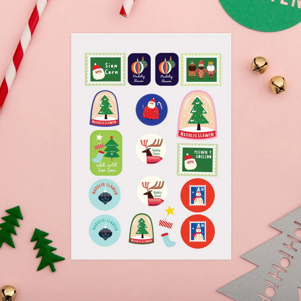 Multi Nadolig Llawen Welsh Language A4 Christmas Sticker Sheet from Oh!Susannah Welsh Gifts for sale at Mostyn