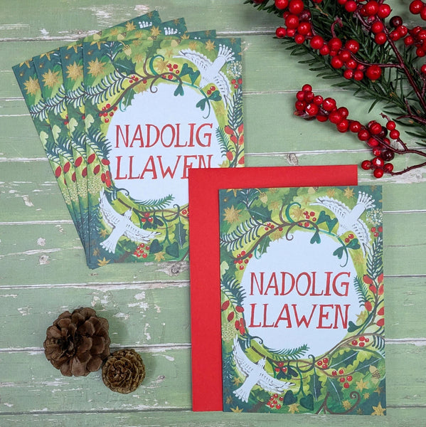 Nadolig Llawen Colomennod and Winter Foliage Welsh Language Christmas Card Pack from Driftwood Designs for sale at Mostyn
