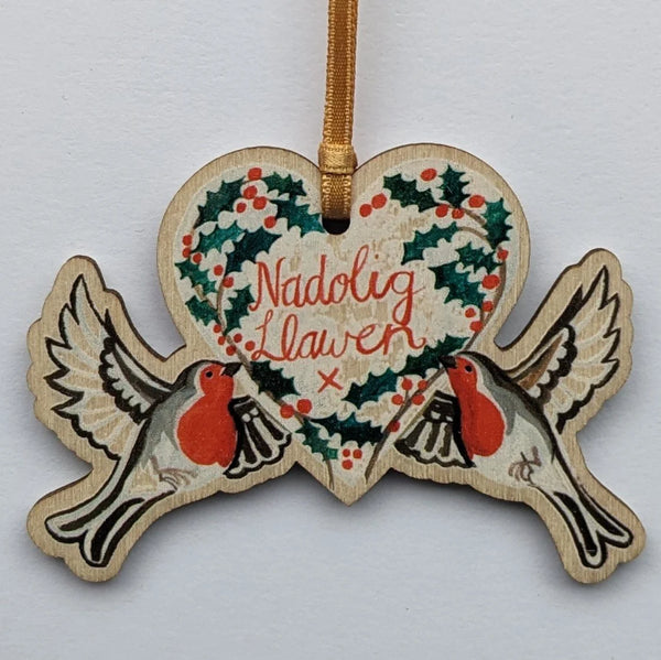 Nadolig Llawen Robins and Holly Heart Lasercut Wooden Christmas Decoration from Driftwood Designs for sale at Mostyn