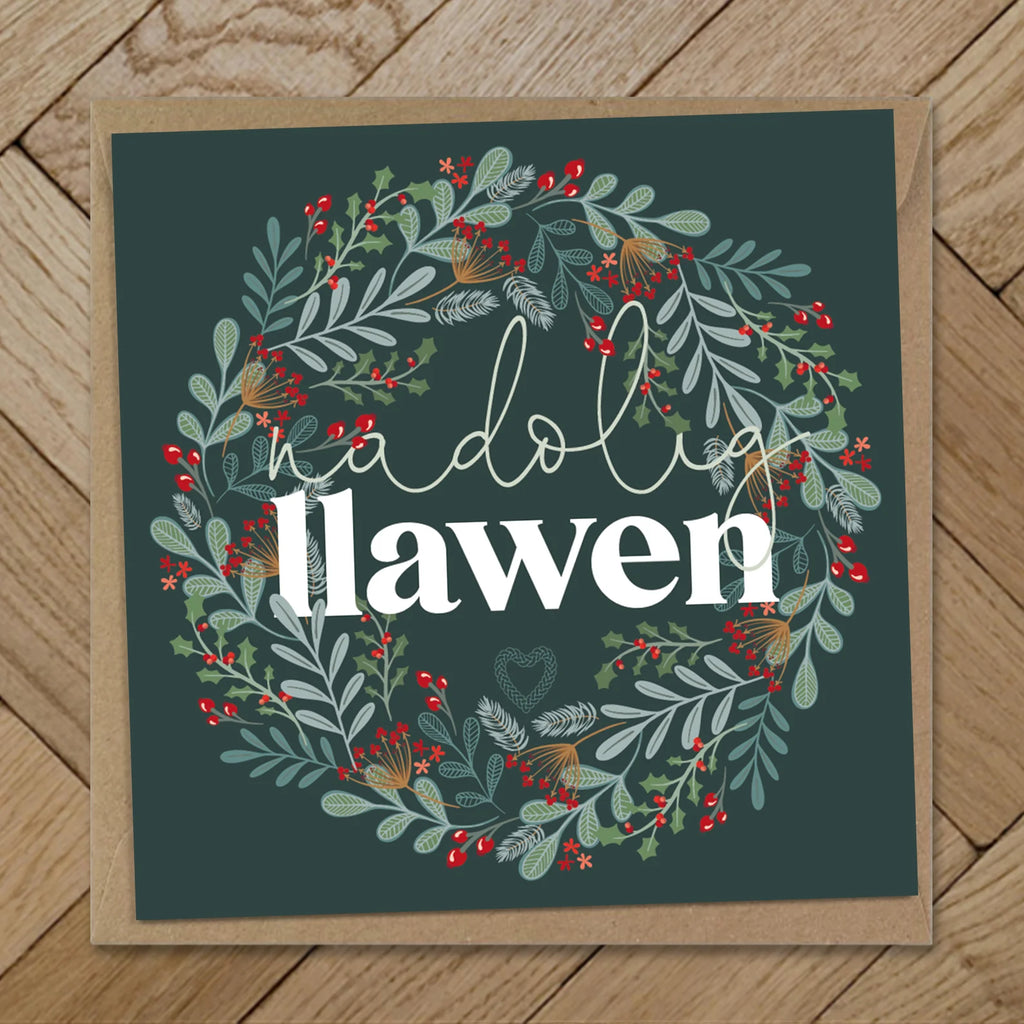 Nadolig Llawen Wreath Welsh Language Christmas Card by Max Rocks for sale at Mostyn