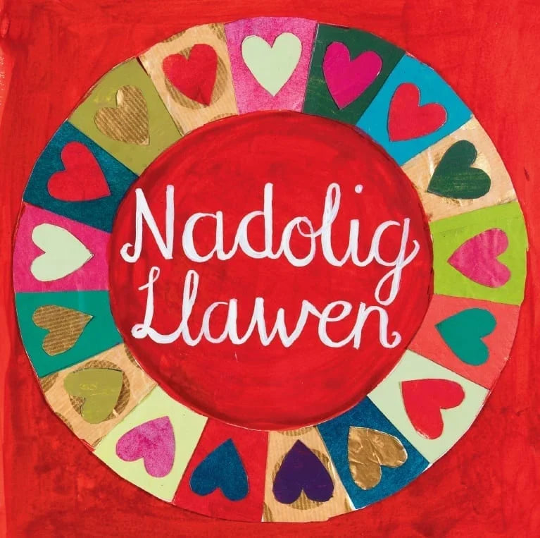 Nadolig Llawen Colourful Hearts Welsh Language Christmas Card Pack from Driftwood Designs for sale at Mostyn