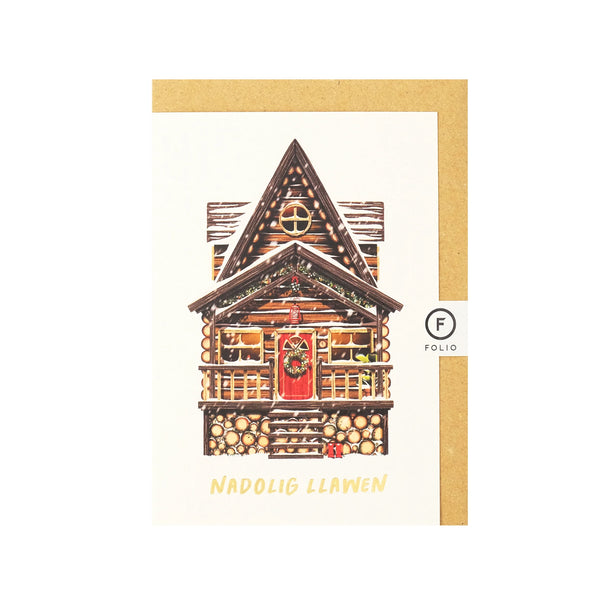 'Nadolig Llawen / Christmas Cabin' Welsh Language Christmas Card from Folio for sale at Mostyn