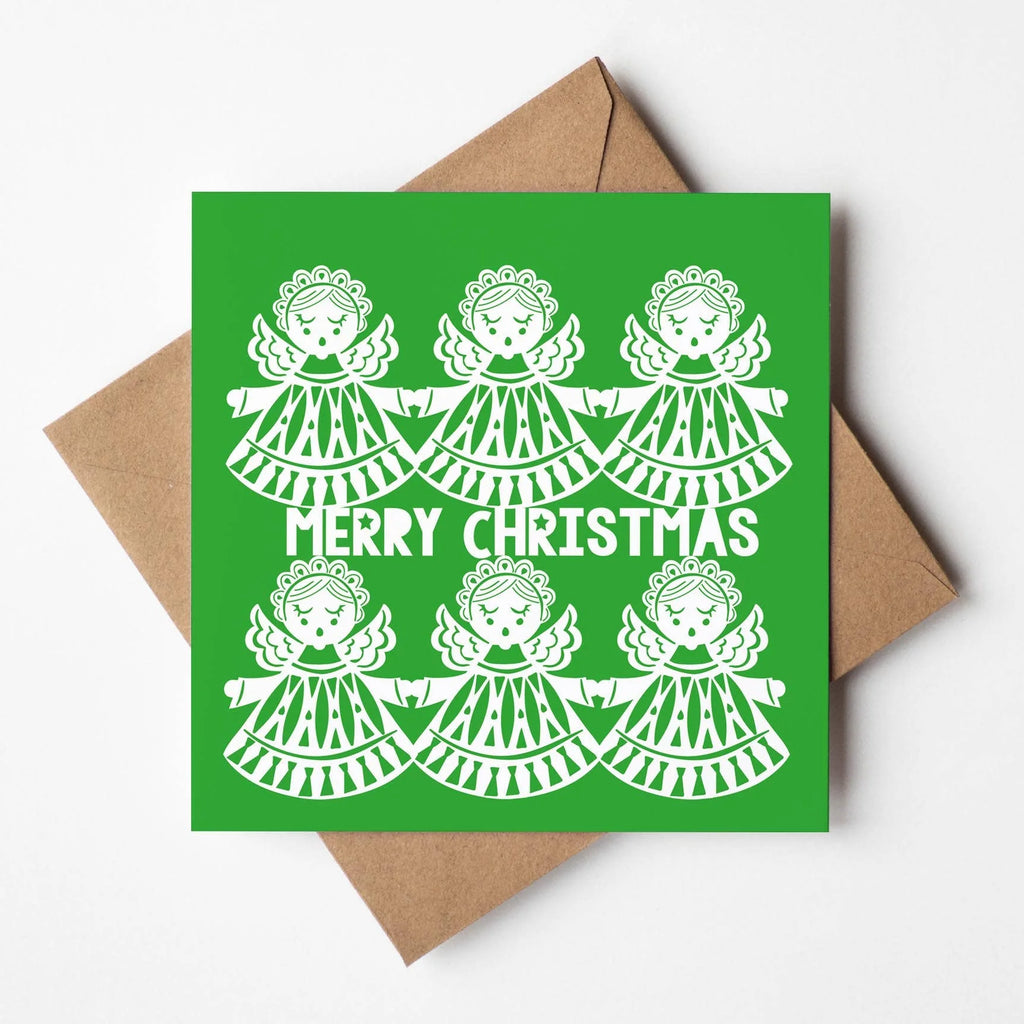 Nadolig Llawen Green Angels Welsh Christmas Card from Designs by Flo for sale at Mostyn