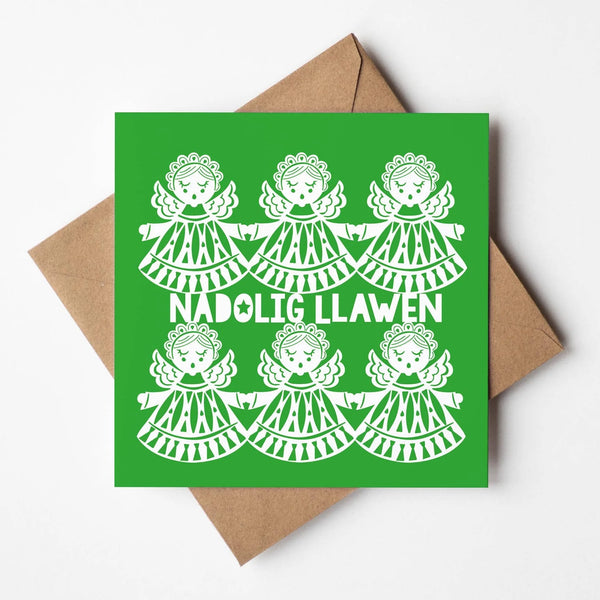 Nadolig_Llawen_Green_Angels_Welsh_Christmas_Card_from_Designs_by_Flo for sale at Mostyn