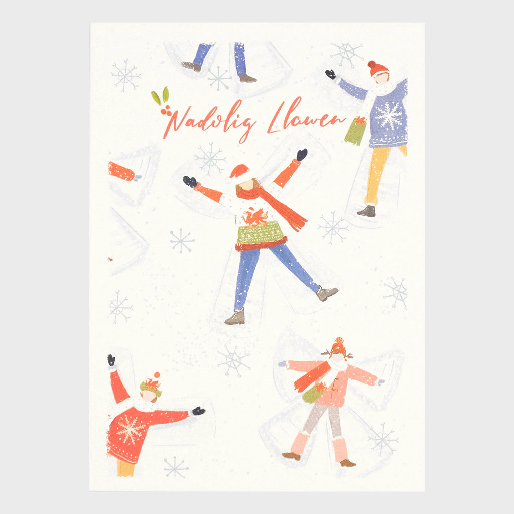 Nadolig Llawen Snow Angels Welsh Language Christmas Card from Betty James Designs for sale at Mostyn