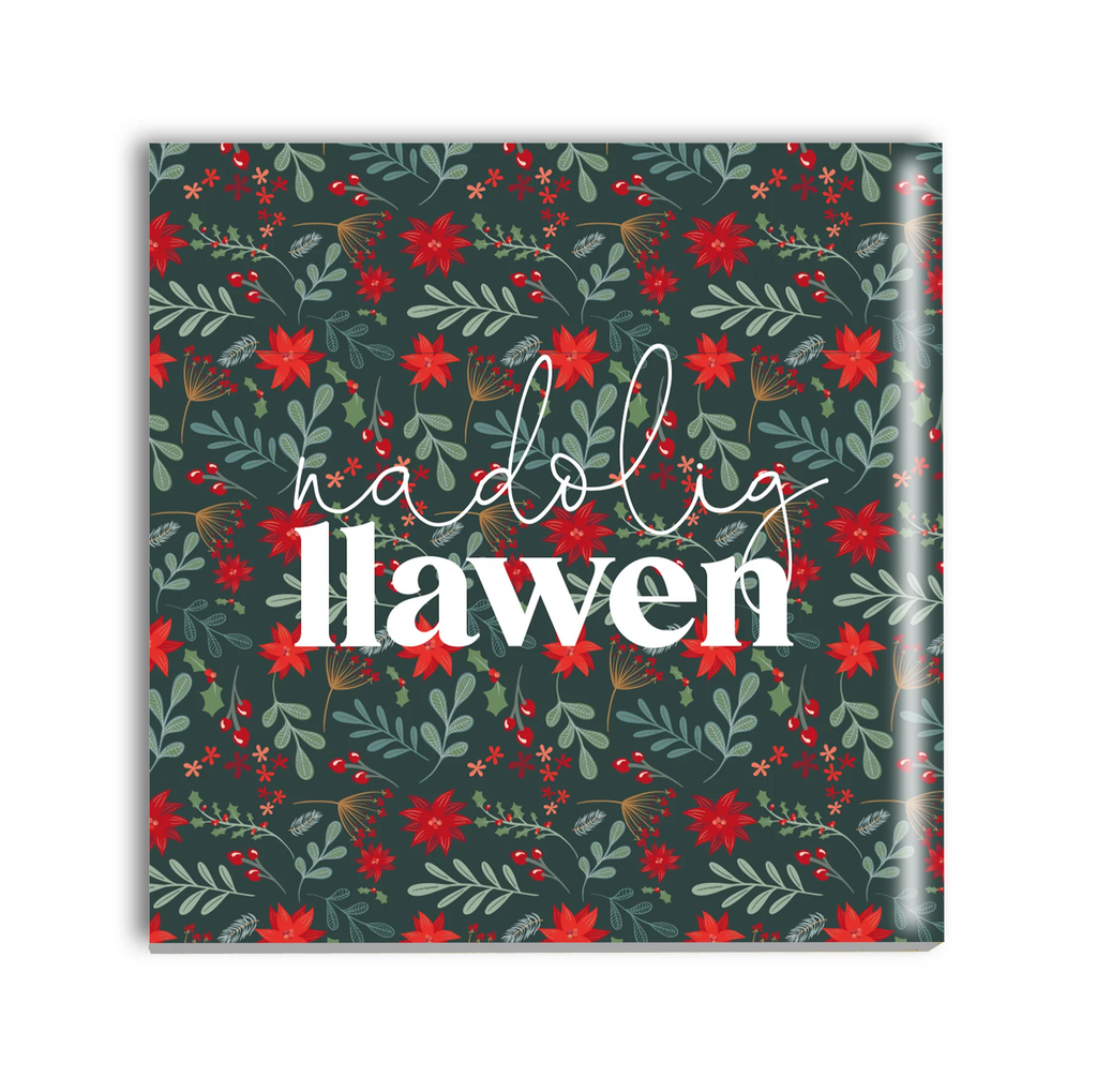 Nadolig Llawen Winter Foliage Ceramic Cork Backed Coaster from Max Rocks for sale at Mostyn