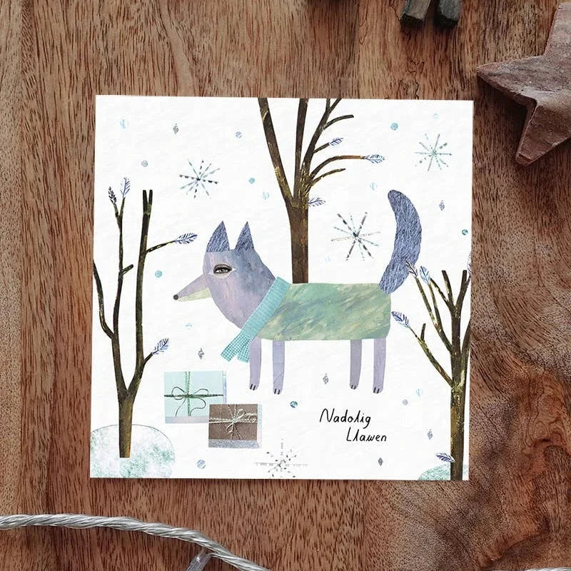 Nadolig Llawen Wolf Wood Welsh Language Christmas Card from Paprwhale for sale at Mostyn