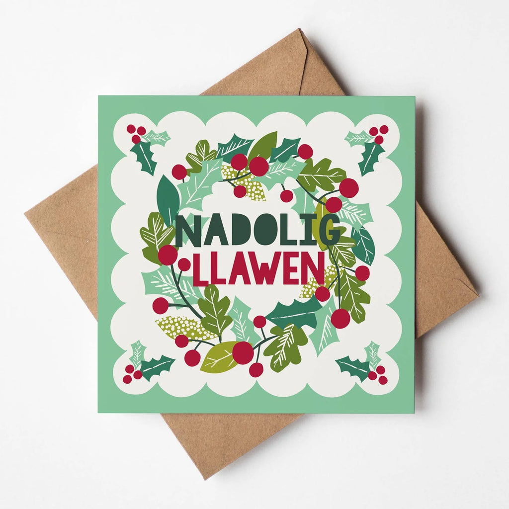 Nadolig Llawen Wreath Welsh Christmas Card from Designs by Flo for sale at Mostyn