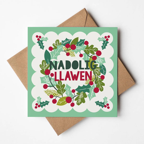 Nadolig Llawen Wreath Welsh Christmas Card from Designs by Flo for sale at Mostyn