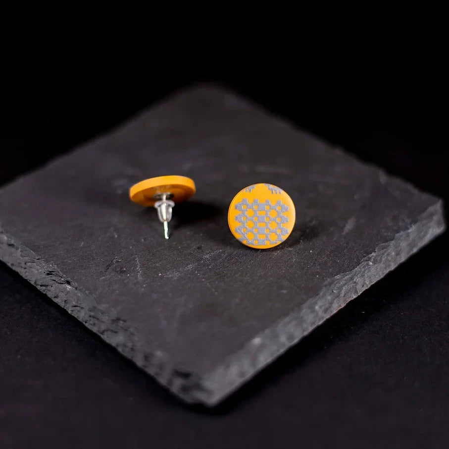 Ochre Mustard Carthen Tapestry Welsh Blanket Polymer Clay Stud Earrings from Carla's Cwtch for sale at Mostyn