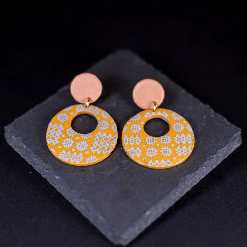 Ochre Mustard Polymer Clay Circle Carthen Tapestry Welsh Blanket Earrings from Carla's Cwtch for sale at Mostyn