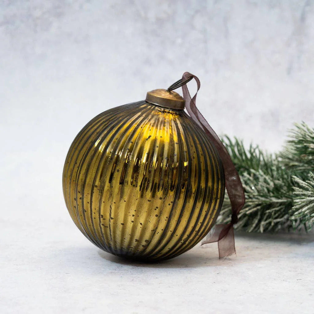 Olive Ribbed Ball Hand Blown Glass Christmas Bauble from Bollywood Christmas for sale at Mostyn