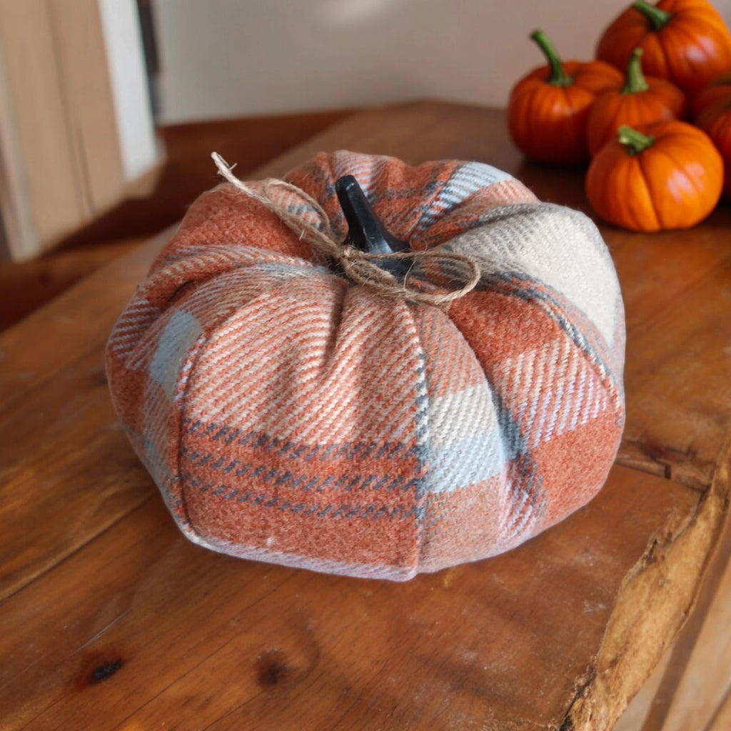 Orange Balmoral Check Fabric Pumpkin Decoration from Moose & Co for sale at Mostyn