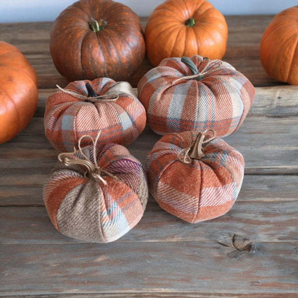 Orange Balmoral Check Fabric Pumpkin Decoration from Moose & Co for sale at Mostyn