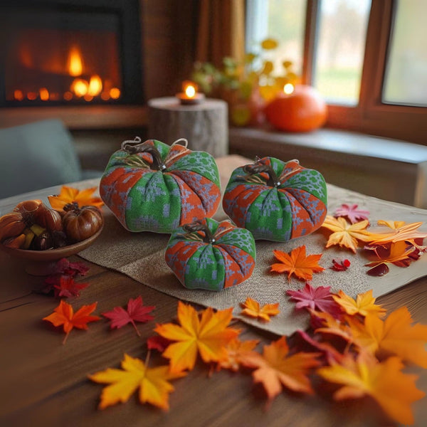 Orange and Green Welsh Tapestry Fabric Pumpkin Autumn Decoration by Moose & Co for sale at Mostyn
