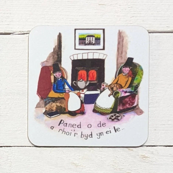 Paned Tea Welsh Ladies Drinks Coaster from Driftwood Designs for sale at Mostyn