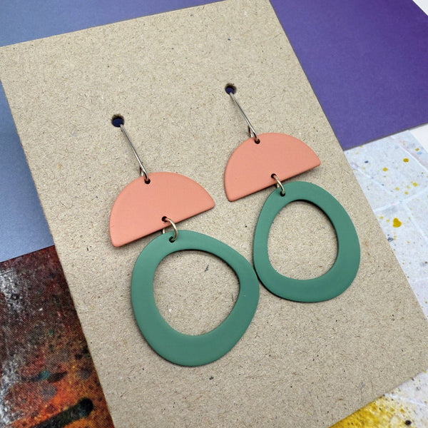 Peach and Green Arch and Circle Earrings from Deryn for sale at Mostyn