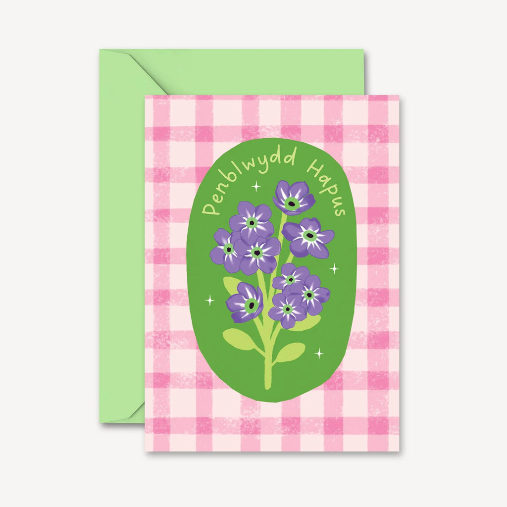 Penblwydd Hapus Gingham Welsh Birthday Card by Natalie Lea Owens for sale at Mostyn